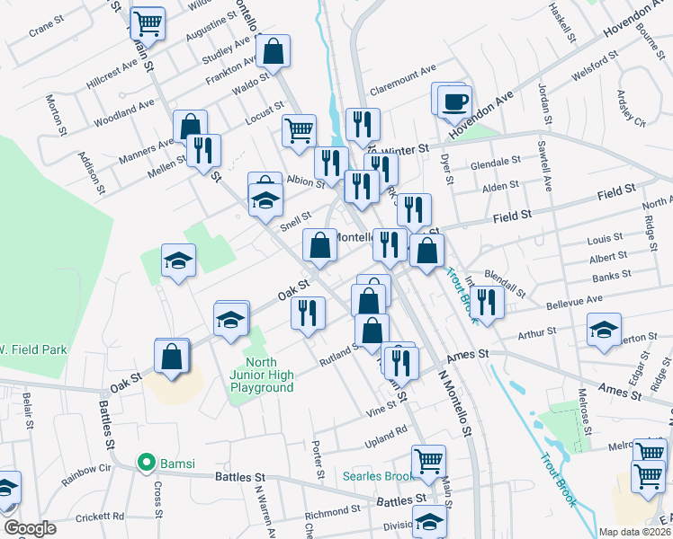 map of restaurants, bars, coffee shops, grocery stores, and more near 829 North Main Street in Brockton
