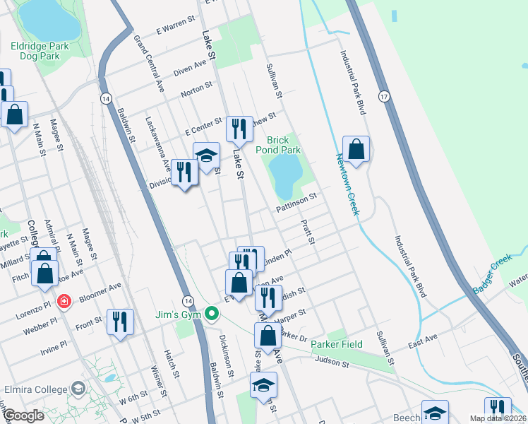 map of restaurants, bars, coffee shops, grocery stores, and more near 1008 Lake Street in Elmira