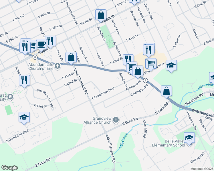 map of restaurants, bars, coffee shops, grocery stores, and more near 1134 East Grandview Boulevard in Erie