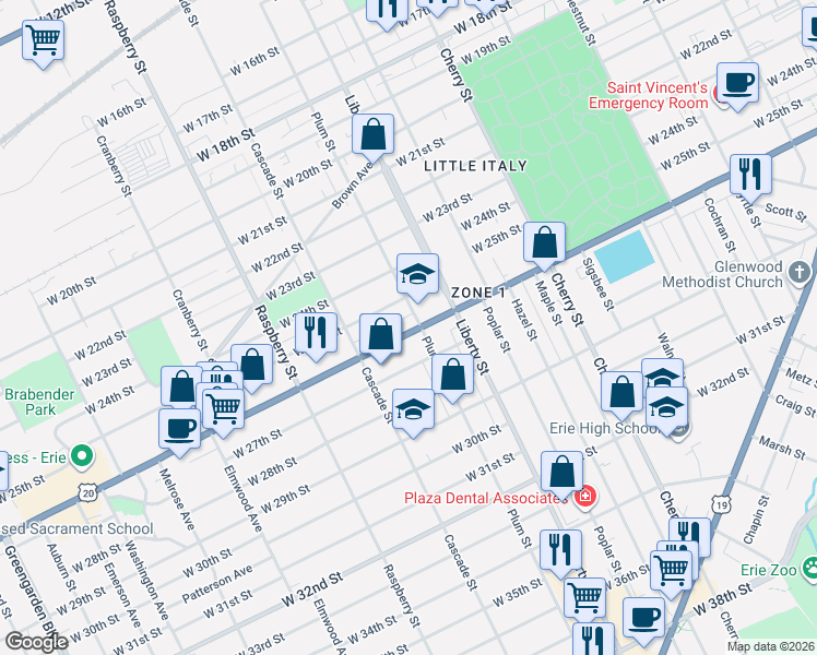 map of restaurants, bars, coffee shops, grocery stores, and more near 914 Highway 20 in Erie