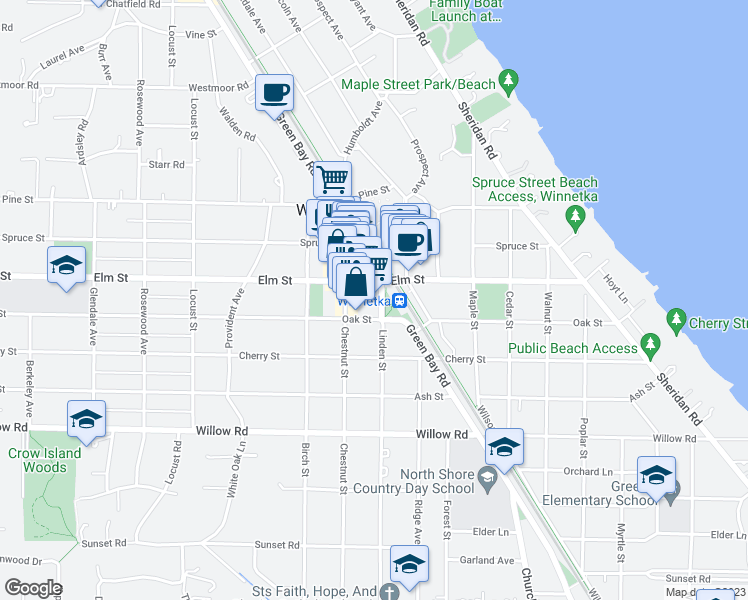 map of restaurants, bars, coffee shops, grocery stores, and more near 510 Green Bay Road in Winnetka