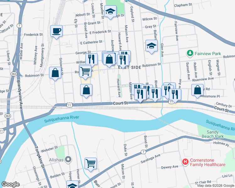 map of restaurants, bars, coffee shops, grocery stores, and more near 8 Howard Avenue in Binghamton