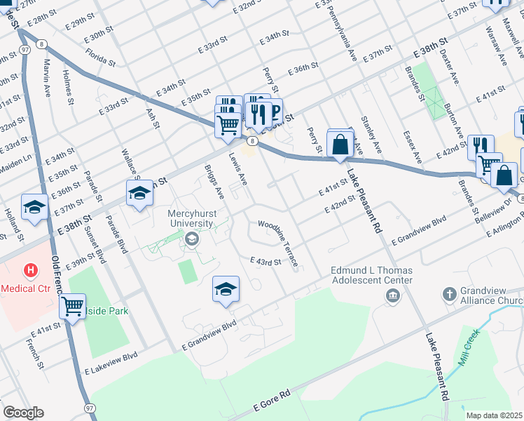 map of restaurants, bars, coffee shops, grocery stores, and more near 729 East 41st Street in Erie