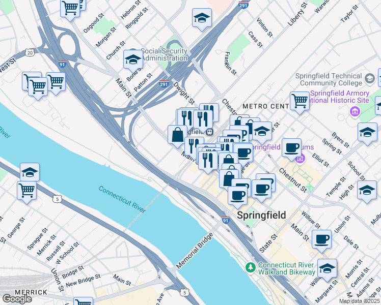 map of restaurants, bars, coffee shops, grocery stores, and more near 1771 Main Street in Springfield