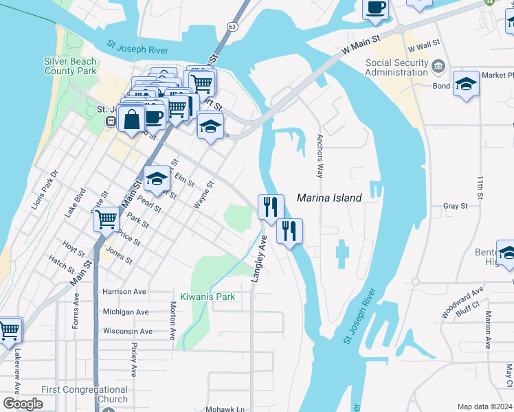 map of restaurants, bars, coffee shops, grocery stores, and more near 1221 Broad Street in St. Joseph