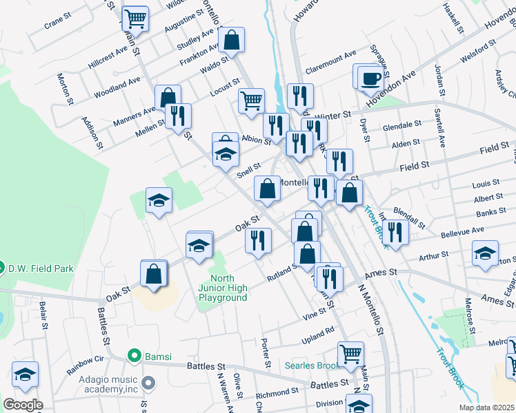 map of restaurants, bars, coffee shops, grocery stores, and more near 837 North Main Street in Brockton