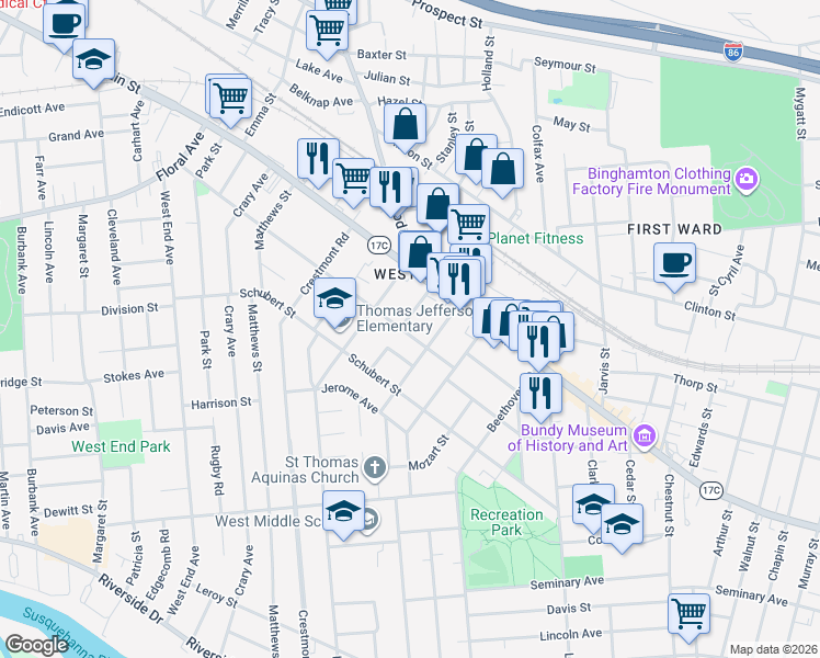 map of restaurants, bars, coffee shops, grocery stores, and more near 21 Grand Boulevard in Binghamton