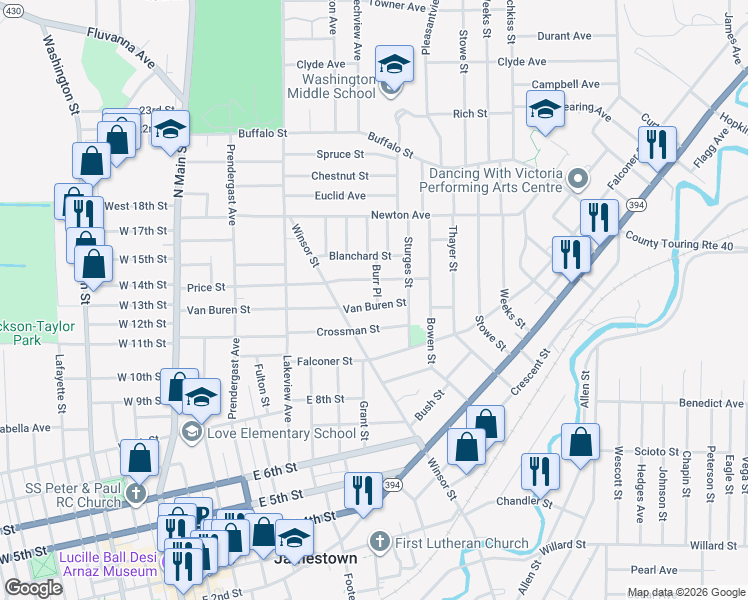 map of restaurants, bars, coffee shops, grocery stores, and more near 314 Van Buren Street in Jamestown