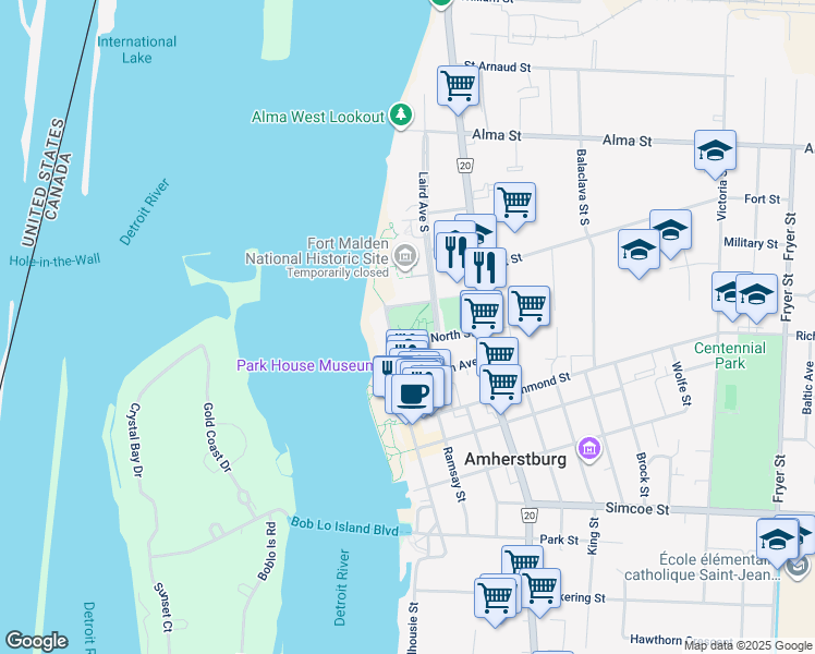 map of restaurants, bars, coffee shops, grocery stores, and more near 50 North Street in Amherstburg