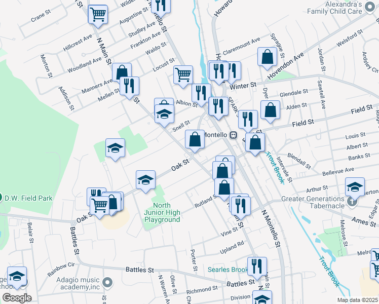 map of restaurants, bars, coffee shops, grocery stores, and more near 837 North Main Street in Brockton