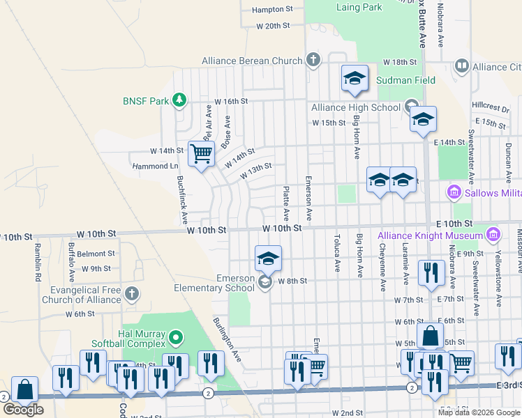 map of restaurants, bars, coffee shops, grocery stores, and more near 799 W 11th St in Alliance