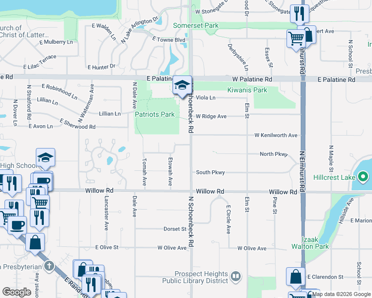 map of restaurants, bars, coffee shops, grocery stores, and more near 504 North Schoenbeck Road in Prospect Heights