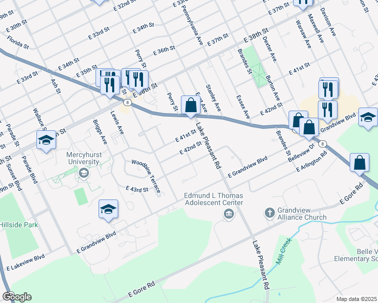 map of restaurants, bars, coffee shops, grocery stores, and more near 4203 Perry Street in Erie