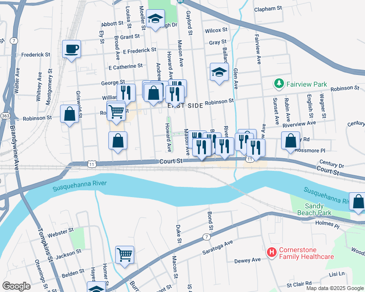 map of restaurants, bars, coffee shops, grocery stores, and more near 5 Mason Ave in Binghamton