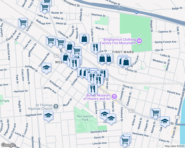 map of restaurants, bars, coffee shops, grocery stores, and more near 17 Charlotte Street in Binghamton