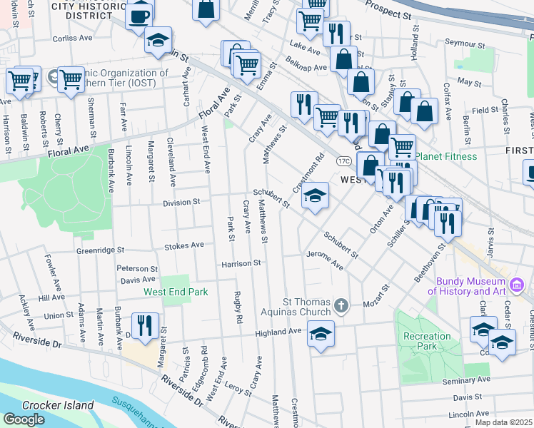 map of restaurants, bars, coffee shops, grocery stores, and more near 147 Matthews Street in Binghamton