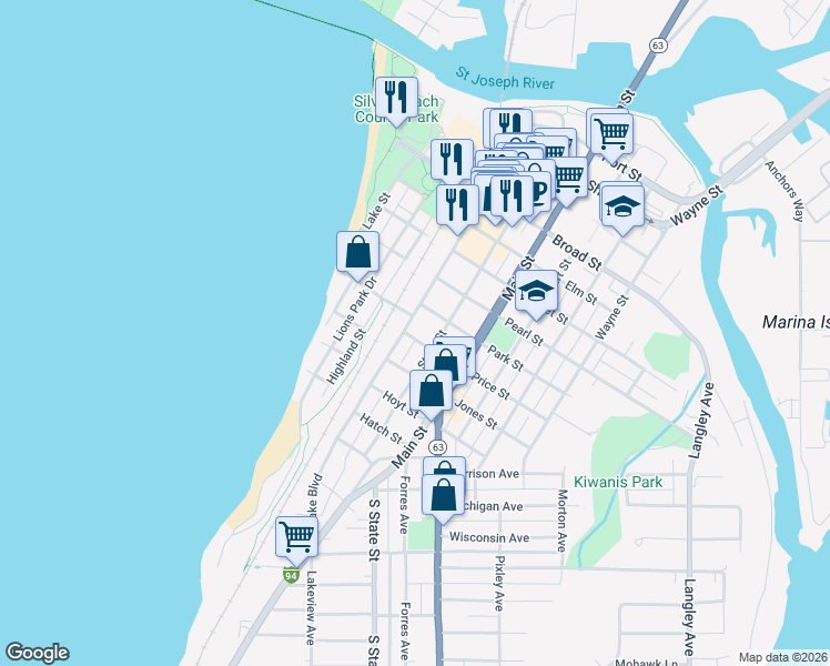 map of restaurants, bars, coffee shops, grocery stores, and more near 915 Lake Boulevard in St. Joseph