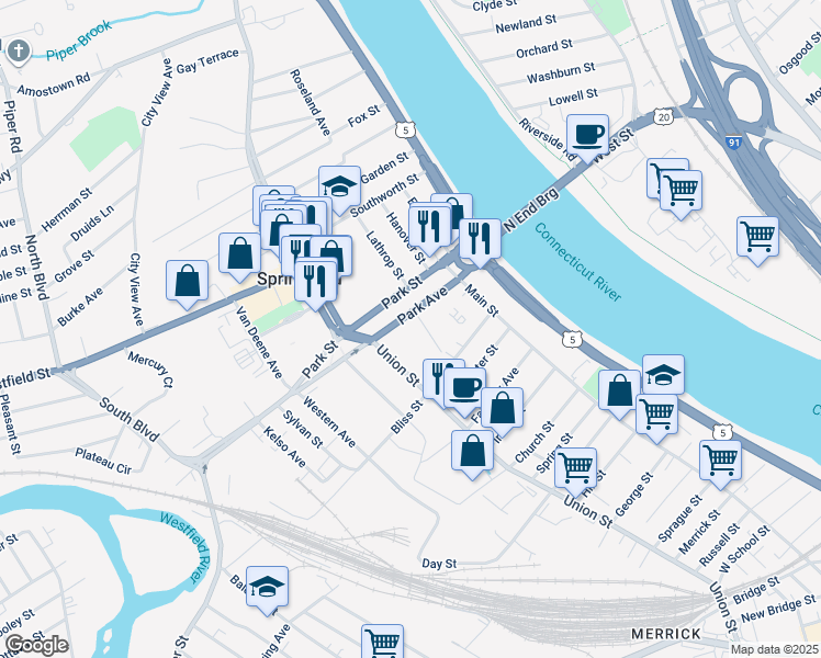 map of restaurants, bars, coffee shops, grocery stores, and more near 32 Park Avenue Court in West Springfield
