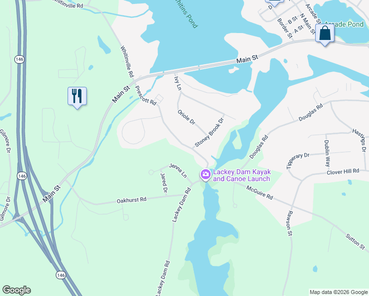 map of restaurants, bars, coffee shops, grocery stores, and more near 185 Prescott Road in Northbridge