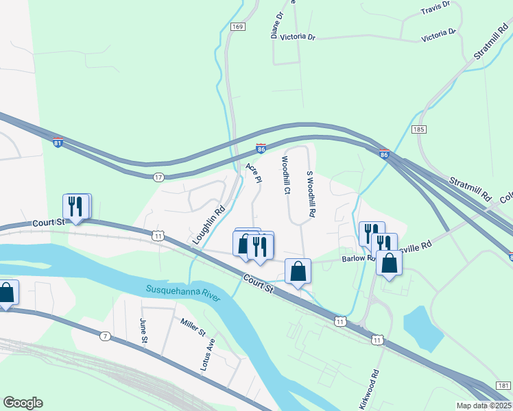 map of restaurants, bars, coffee shops, grocery stores, and more near 36 Acre Place in Binghamton