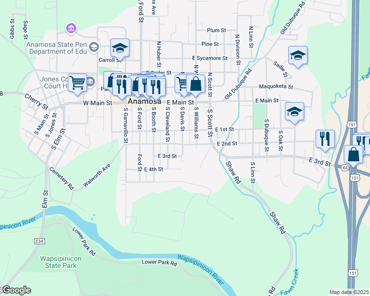 map of restaurants, bars, coffee shops, grocery stores, and more near 405 East 2nd Street in Anamosa
