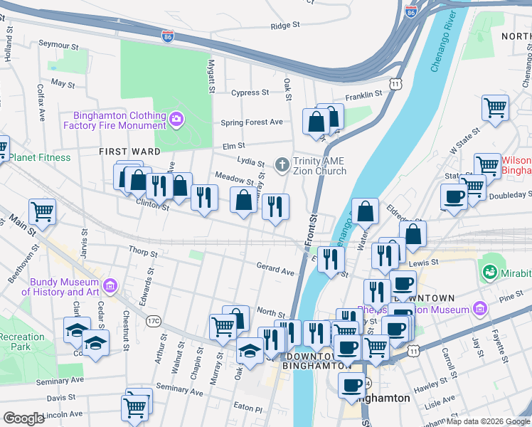 map of restaurants, bars, coffee shops, grocery stores, and more near 179 Oak Street in Binghamton