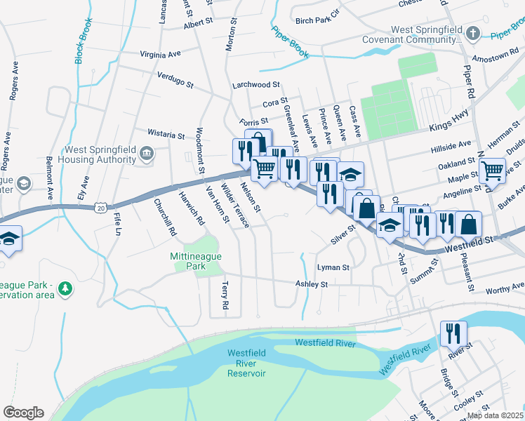 map of restaurants, bars, coffee shops, grocery stores, and more near 67 Nelson Street in West Springfield
