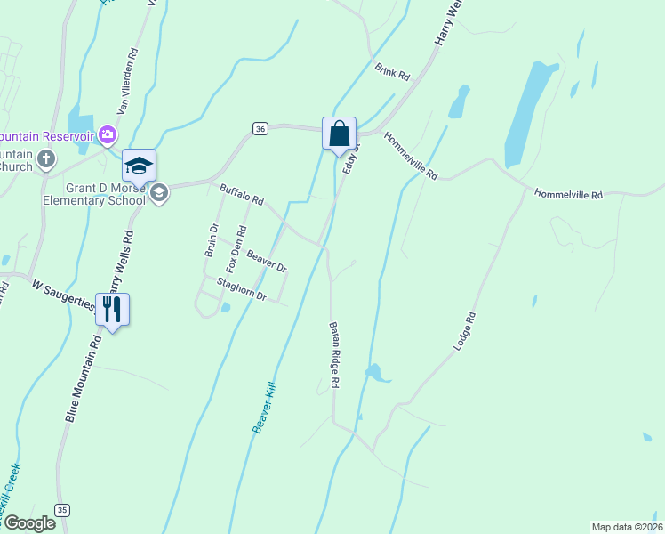 map of restaurants, bars, coffee shops, grocery stores, and more near 67-77 Baran Ridge Rd in Saugerties