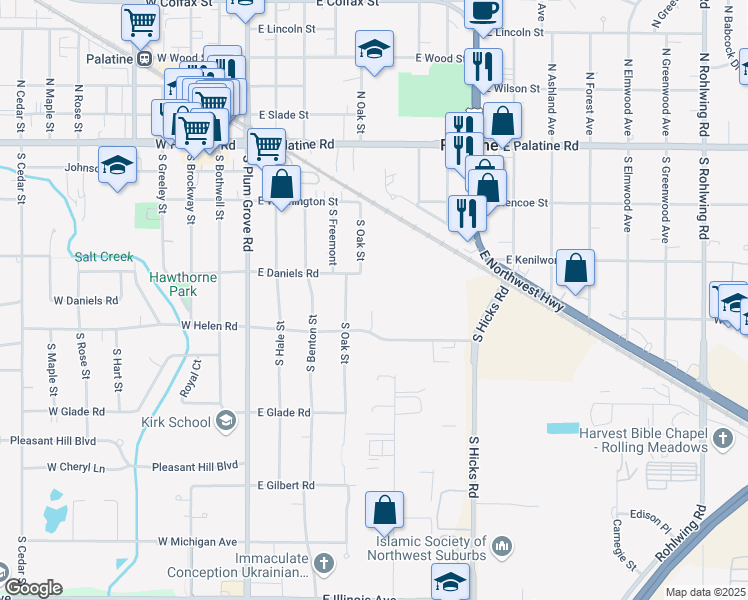 map of restaurants, bars, coffee shops, grocery stores, and more near 200 Sellstrom Drive in Palatine