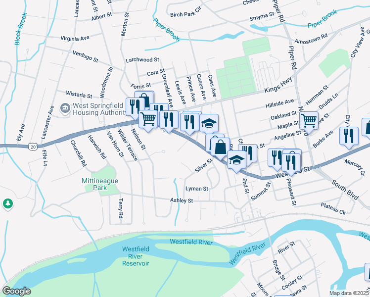 map of restaurants, bars, coffee shops, grocery stores, and more near 1159 Westfield Street in West Springfield