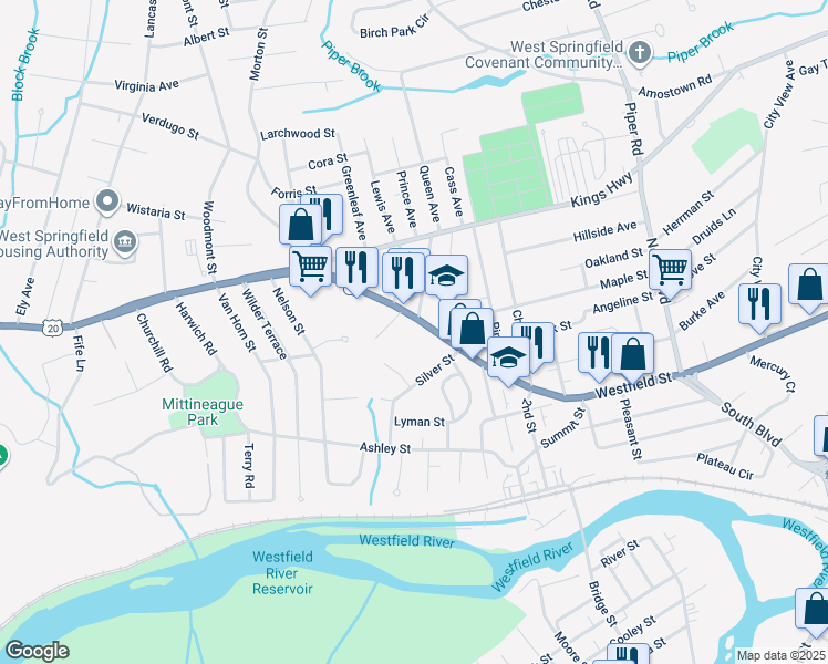 map of restaurants, bars, coffee shops, grocery stores, and more near 1139 Westfield Street in West Springfield