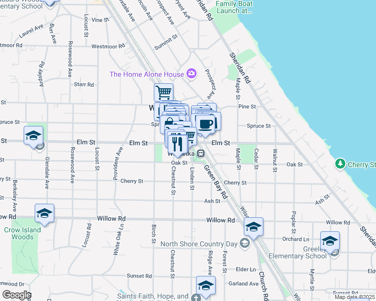 map of restaurants, bars, coffee shops, grocery stores, and more near 510 Green Bay Road in Winnetka