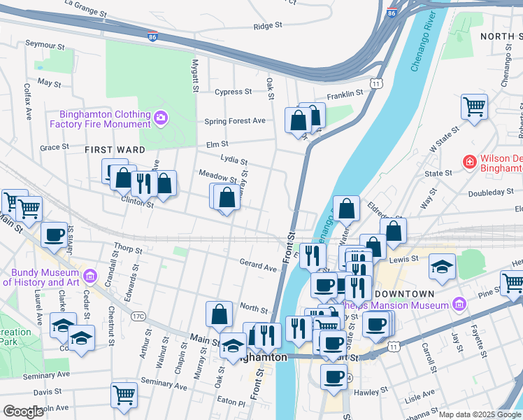 map of restaurants, bars, coffee shops, grocery stores, and more near Oak Street & Dickinson Street in Binghamton