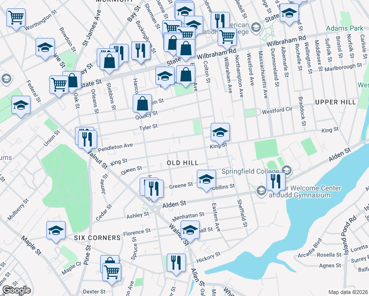 map of restaurants, bars, coffee shops, grocery stores, and more near 201 King Street in Springfield