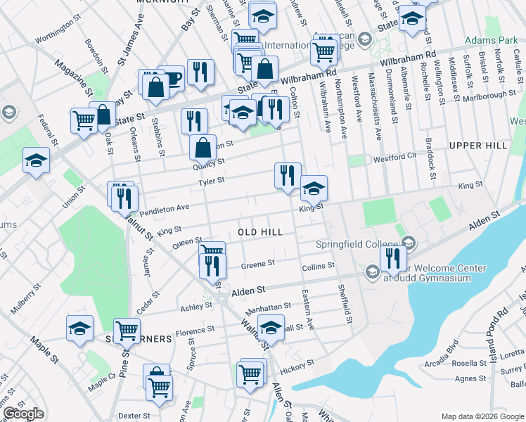 map of restaurants, bars, coffee shops, grocery stores, and more near 201 King Street in Springfield