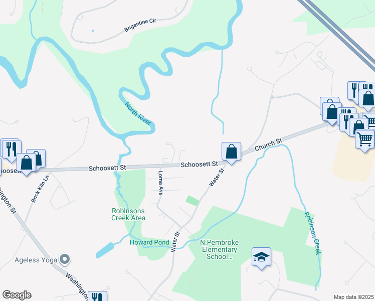 map of restaurants, bars, coffee shops, grocery stores, and more near 194 Schoosett Street in Pembroke