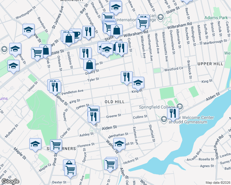 map of restaurants, bars, coffee shops, grocery stores, and more near 201 King Street in Springfield