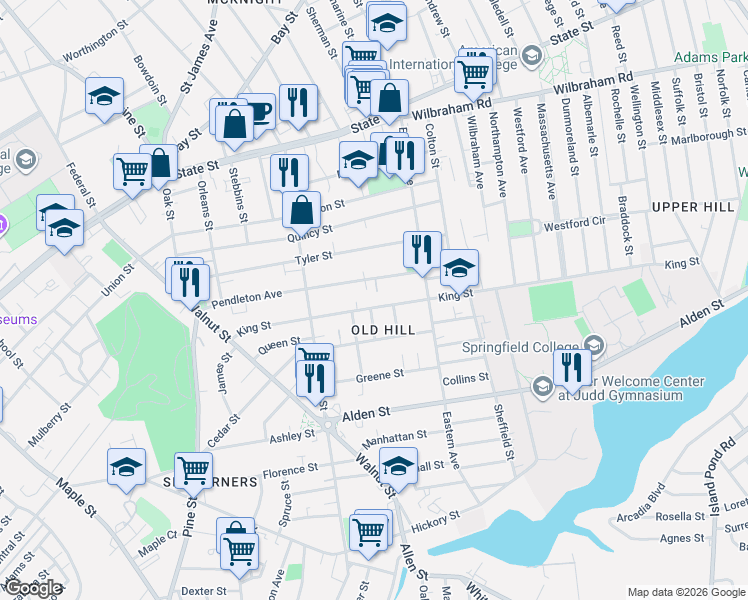 map of restaurants, bars, coffee shops, grocery stores, and more near 161 King Street in Springfield
