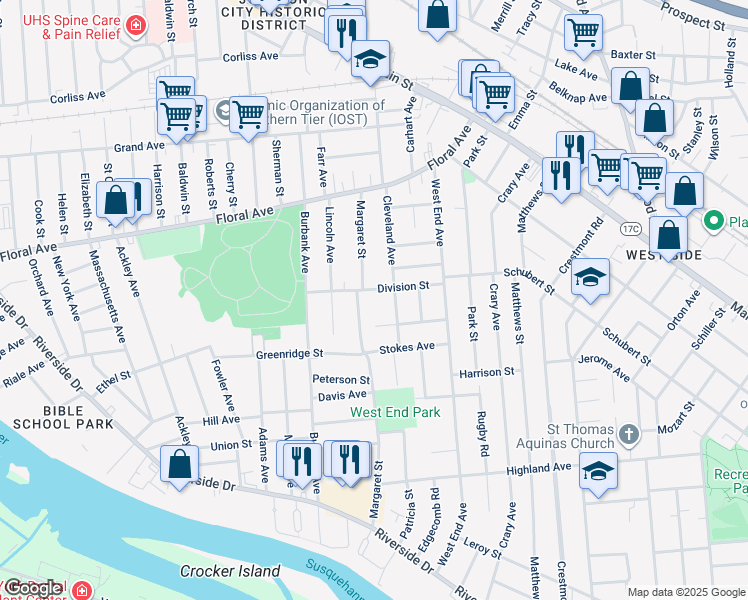 map of restaurants, bars, coffee shops, grocery stores, and more near 55 Margaret Street in Binghamton