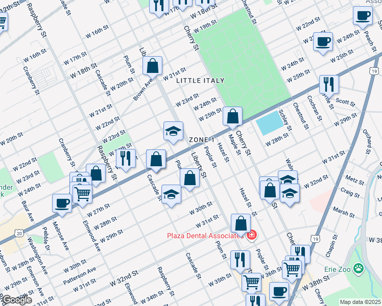 map of restaurants, bars, coffee shops, grocery stores, and more near 821 West 26th Street in Erie