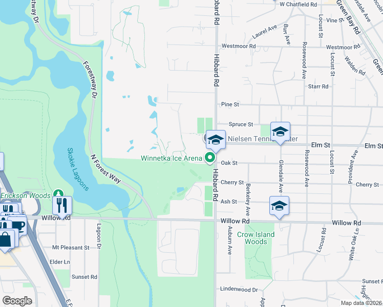 map of restaurants, bars, coffee shops, grocery stores, and more near in Winnetka