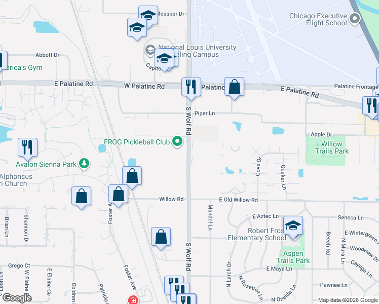 map of restaurants, bars, coffee shops, grocery stores, and more near Highway 21 in Prospect Heights