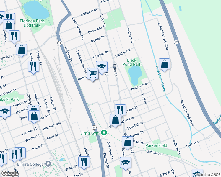 map of restaurants, bars, coffee shops, grocery stores, and more near 1002 Hall Street in Elmira
