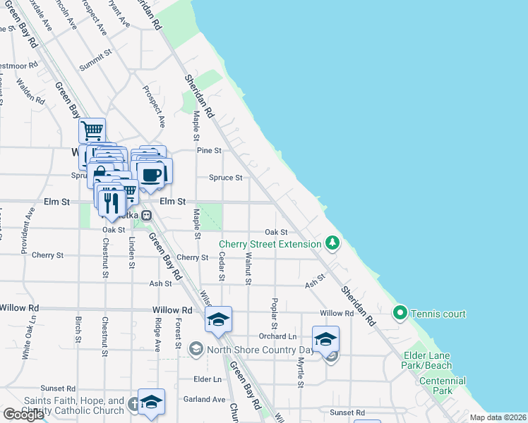 map of restaurants, bars, coffee shops, grocery stores, and more near 513 Walnut Street in Winnetka