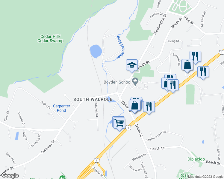 map of restaurants, bars, coffee shops, grocery stores, and more near 13 Summer Street in Walpole