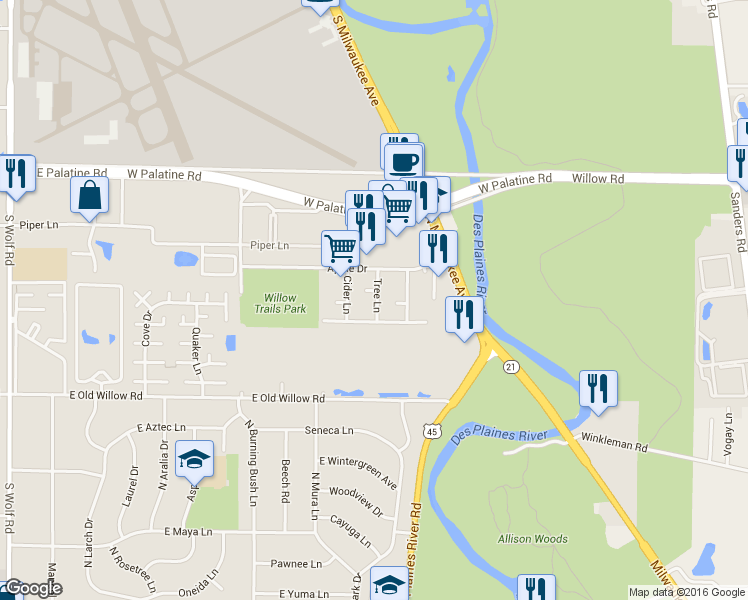 map of restaurants, bars, coffee shops, grocery stores, and more near 867 Tree Lane in Prospect Heights