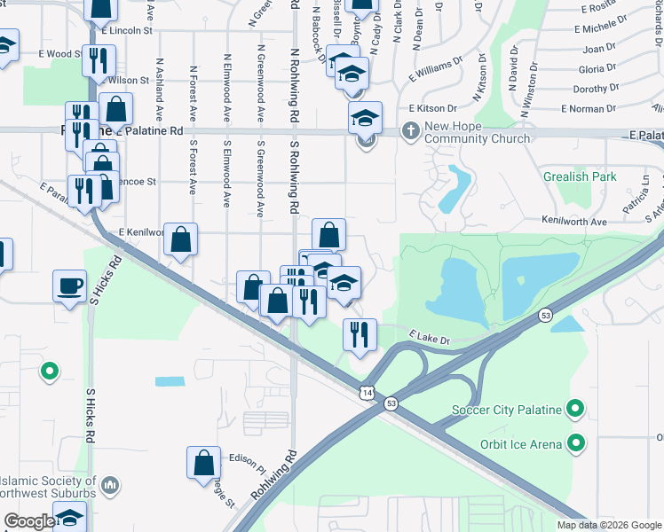 map of restaurants, bars, coffee shops, grocery stores, and more near 245 South Park Lane in Palatine