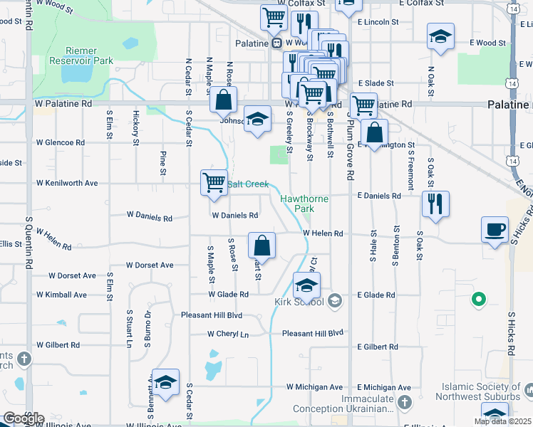 map of restaurants, bars, coffee shops, grocery stores, and more near 234 South Smith Street in Palatine