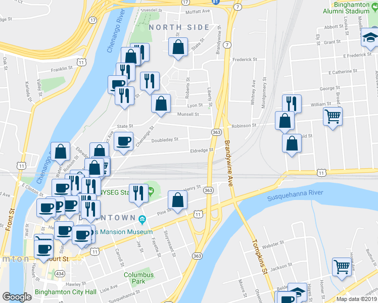 map of restaurants, bars, coffee shops, grocery stores, and more near 108 Eldredge St in Binghamton