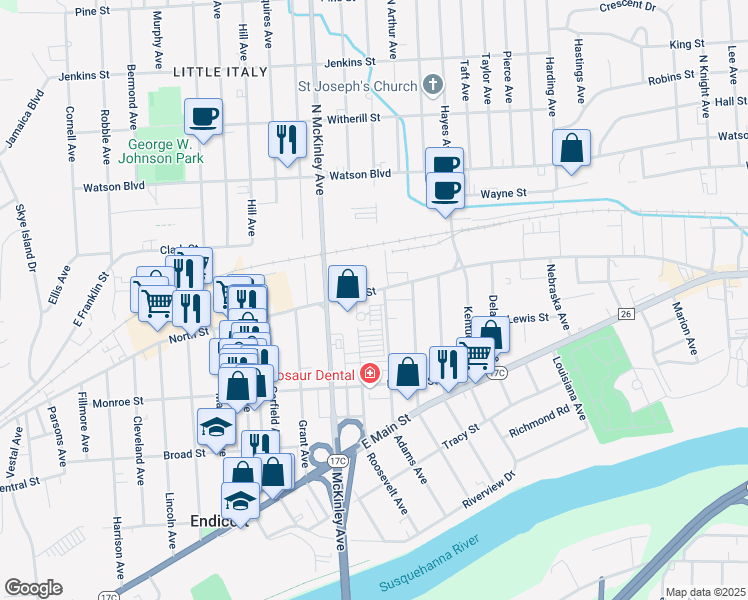 map of restaurants, bars, coffee shops, grocery stores, and more near 2-22 Adams Avenue in Endicott